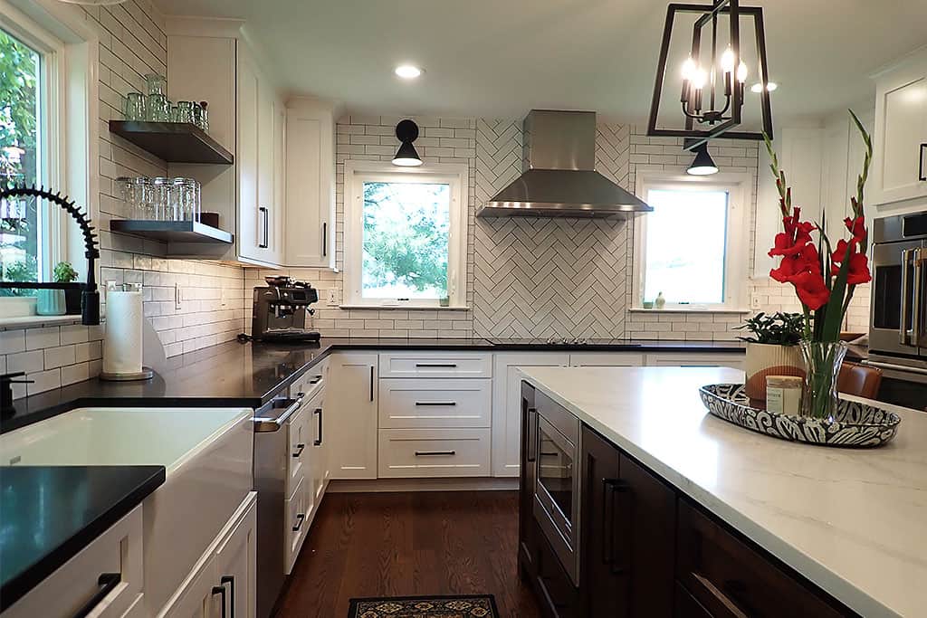 Forest Kitchen Remodel with multi color countertops