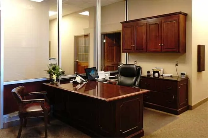Farmer's Bank receptionist desk after the renovation